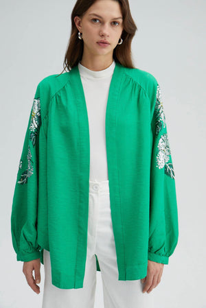Green kimono jacket with embroidery in a beautiful silver