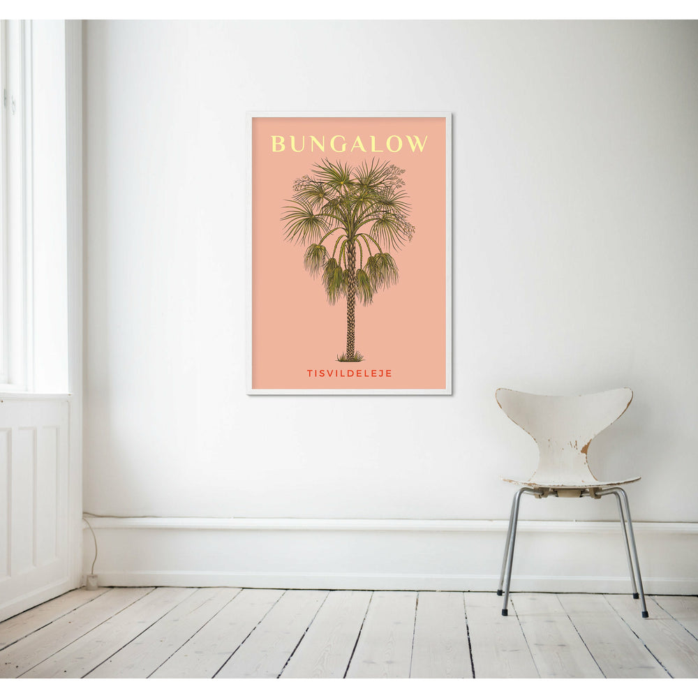 Indrammet - Den lyserøde palmeplakat Bungalow Tisvildeleje 🌴 30x40cm hvid 